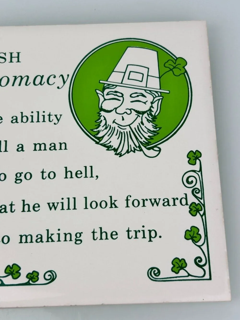 Vintage Gilbert Stone Irish Diplomacy Humor Quote Wall Tile Art Leprechaun READ